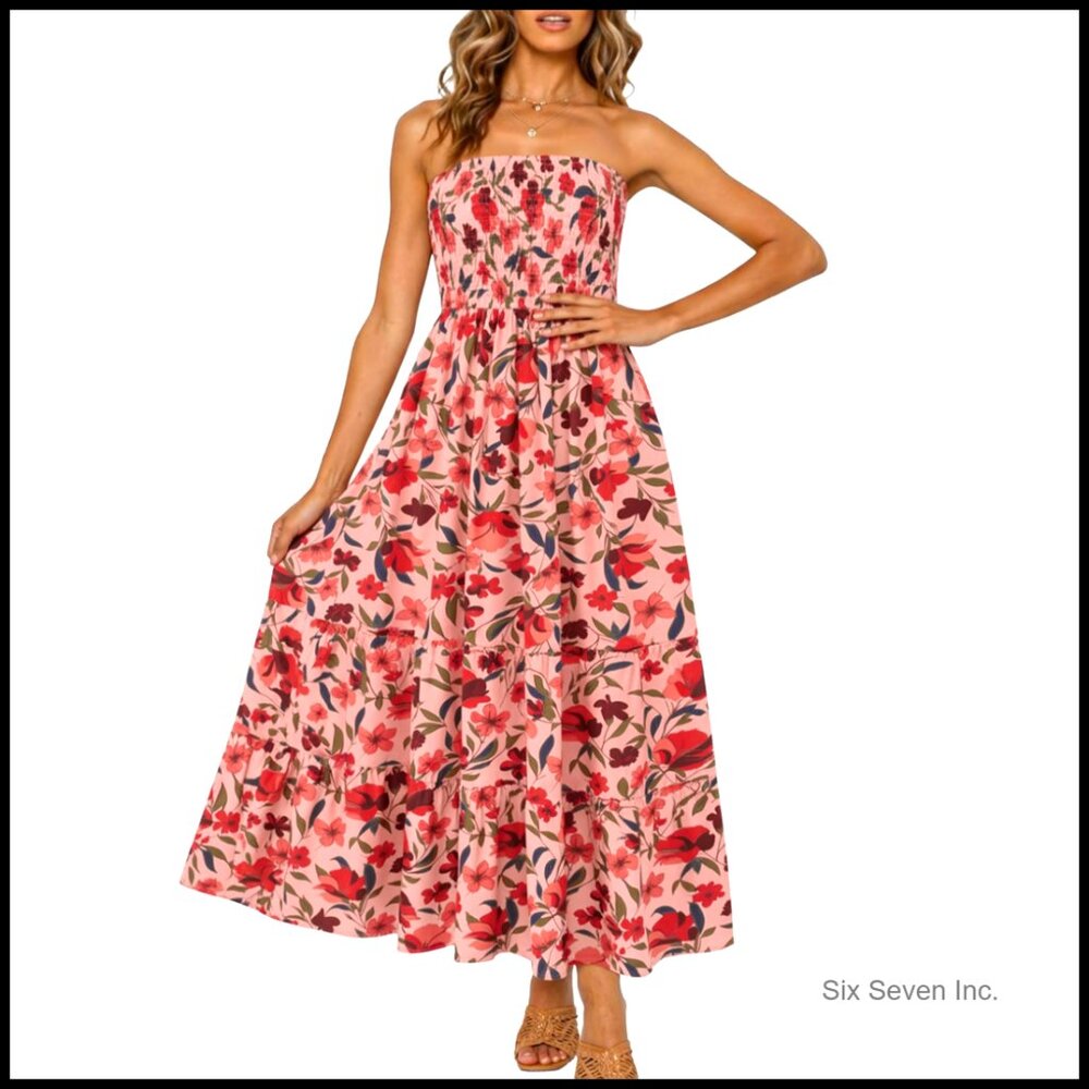 Strapless Maxi Dress With Smocked Bodice And Flowy A-Line Skirt